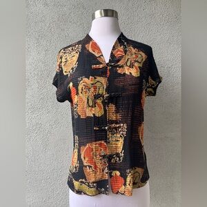 Citron Black Cheongsam Style Silk Abstract Blouse Sz S